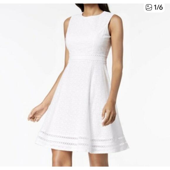 Calvin Klein White Eyelet Dress Sz 6 Fit Flare Bride Bachelorette Bridal Shower - Picture 1 of 9